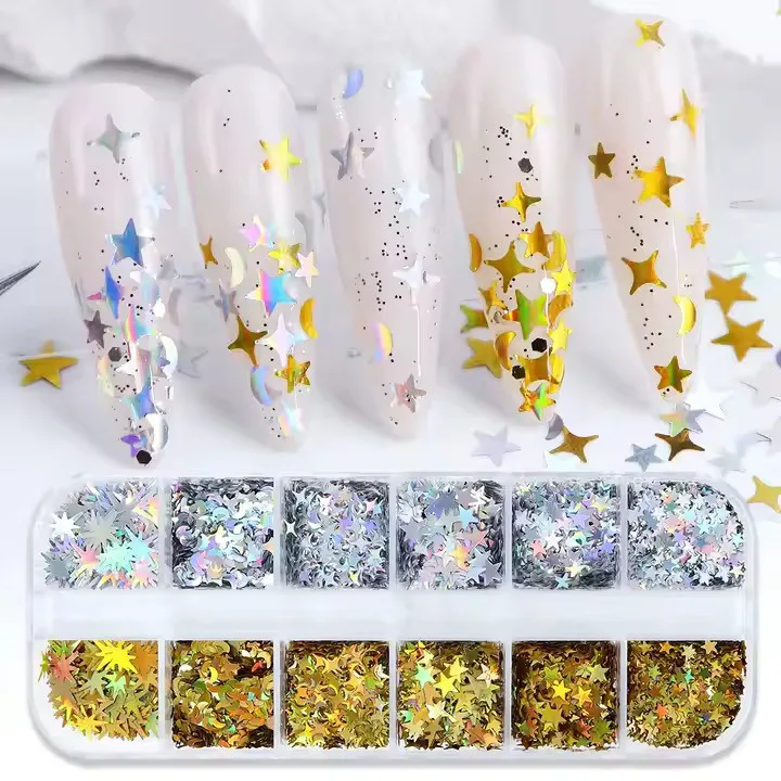 Holografik Gold Gümüş Ay ve Yıldızlar Tırnak Süsleme Folyo Pulları Mix Nail Art