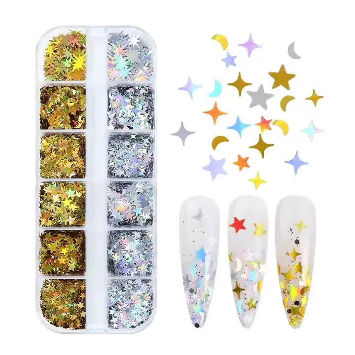 Holografik Gold Gümüş Ay ve Yıldızlar Tırnak Süsleme Folyo Pulları Mix Nail Art görsel 2
