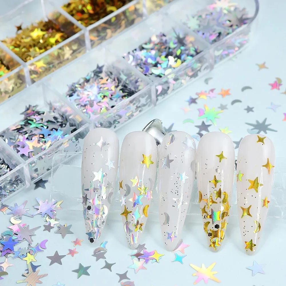 Holografik Gold Gümüş Ay ve Yıldızlar Tırnak Süsleme Folyo Pulları Mix Nail Art görsel 3