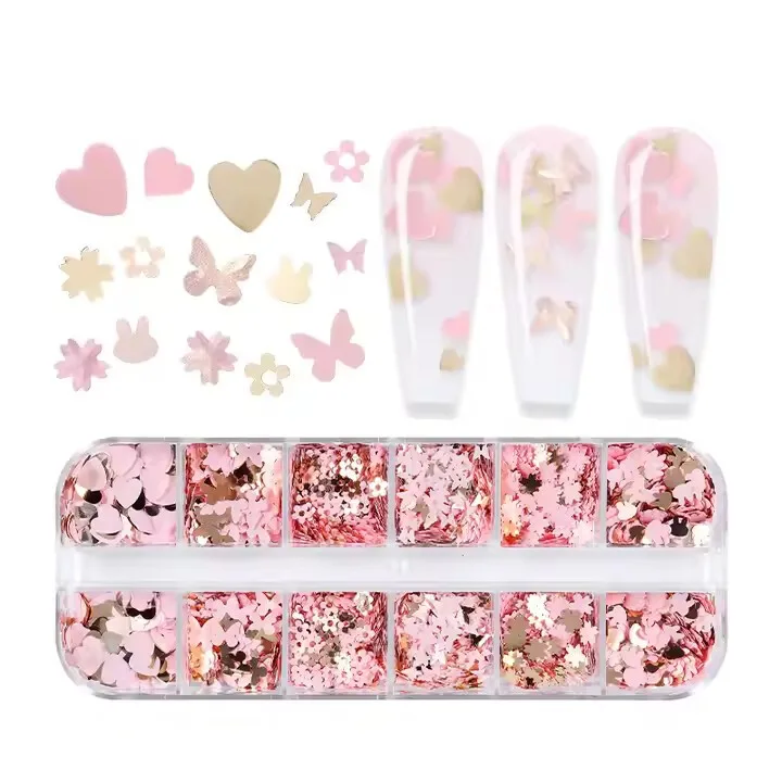 Pembe ve Gold Tırnak Süsleme Folyo Pulları Karışık Dizayn Kelebek Kalp Tavşan Çiçek Nail Art