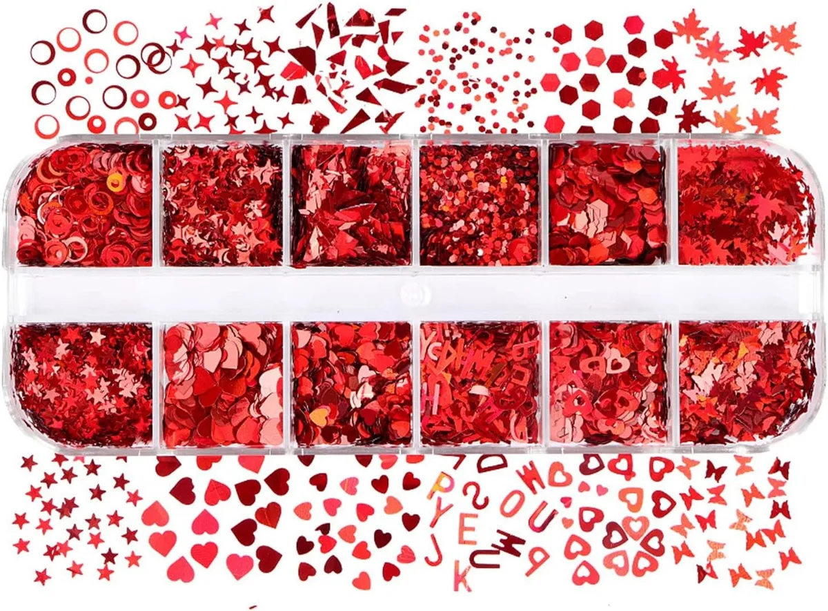Parlak Kırmızı Tırnak Süsleme Folyo Pulları Karışık Dizayn Kelebek Kalp Harfler Yıldızlar Nail Art