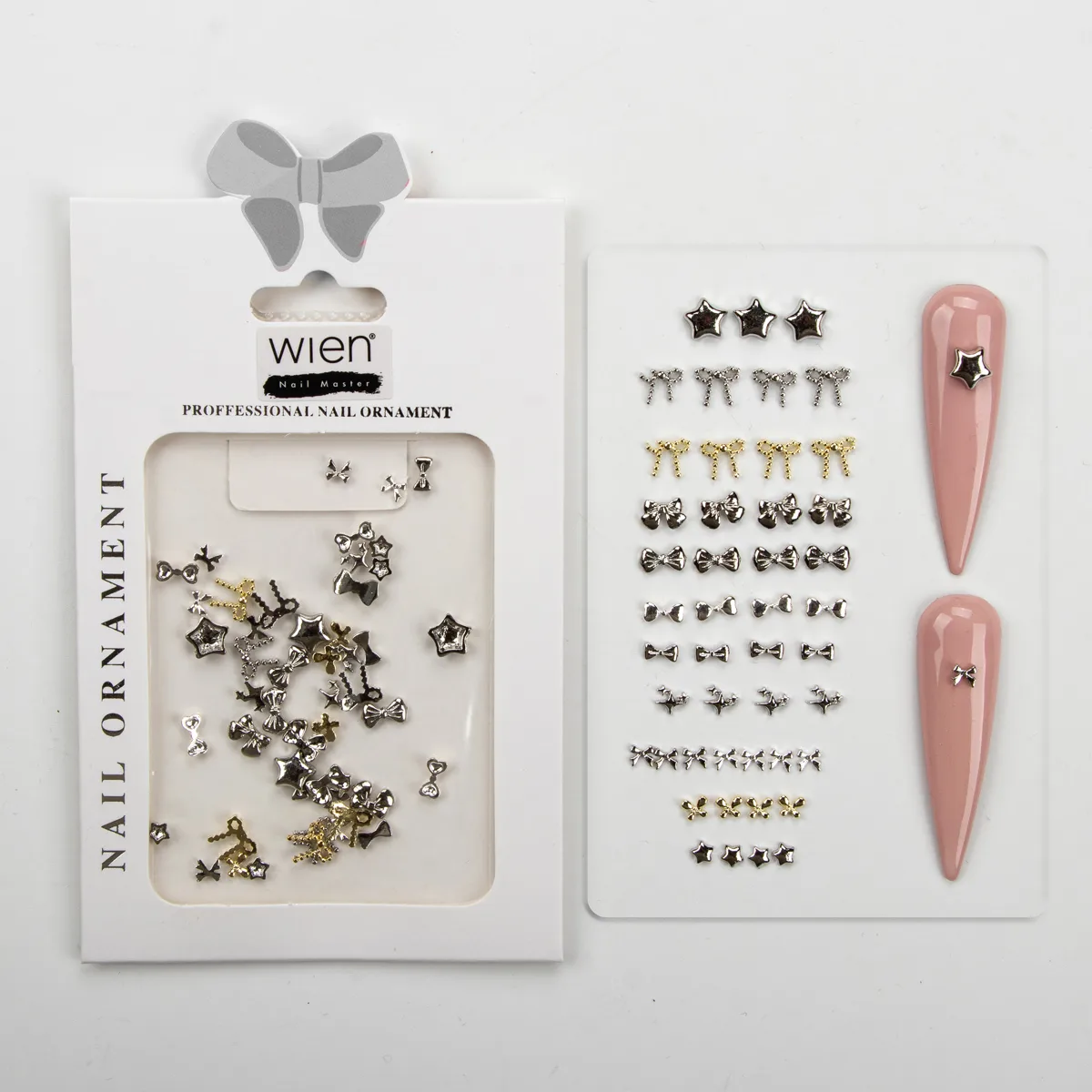 48li Yıldız ve Kurdele Metal Tırnak Süsleme Charm Nail Art Charm Taşları WN-520