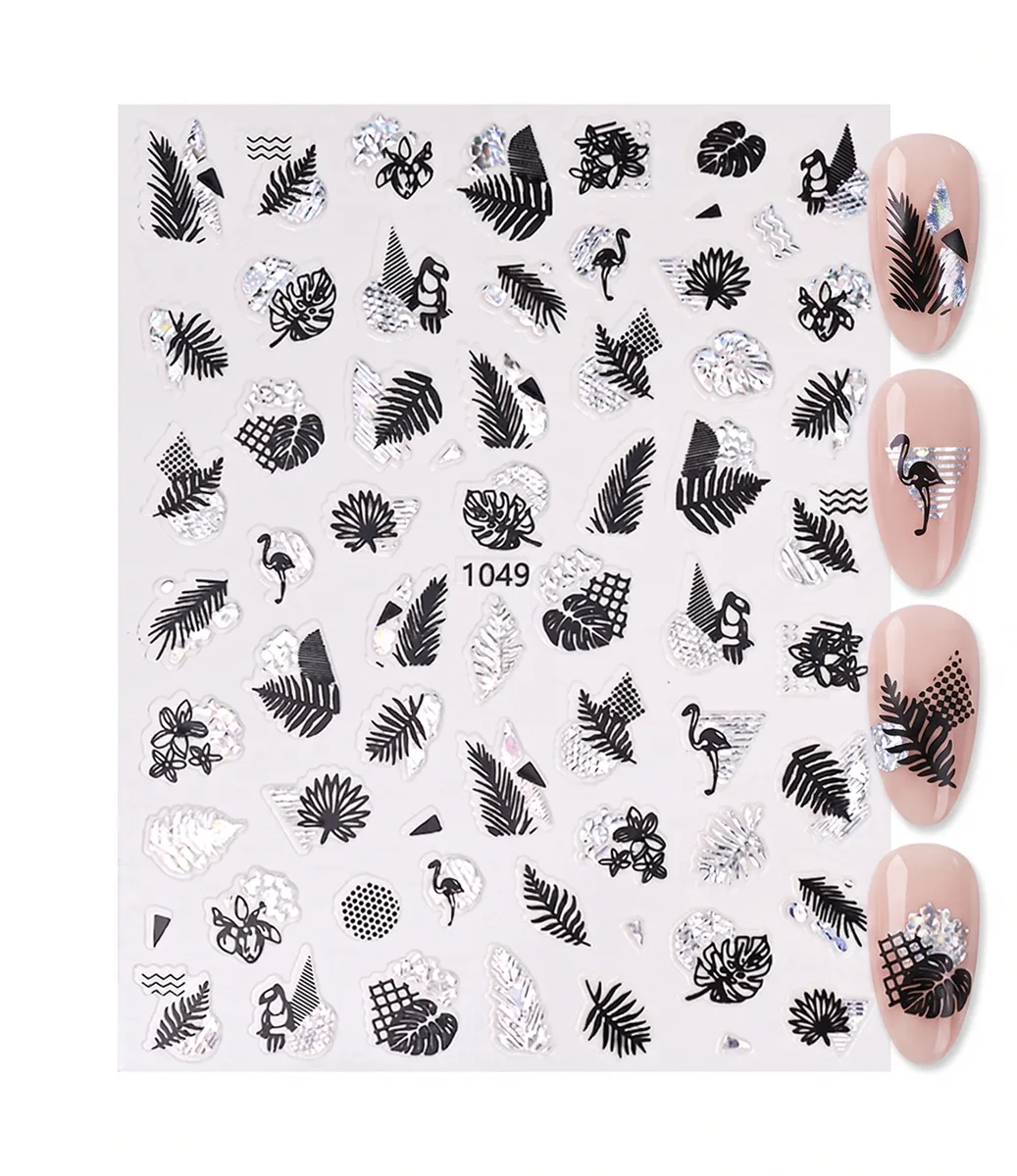 Silver Yaprak ve Kuş Çizim Tırnak Sticker Tırnak Etiketi Nail Art JO-1049S
