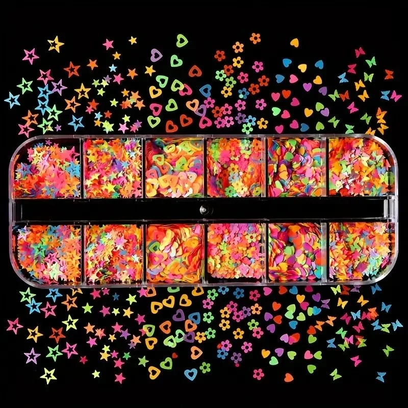 Karanlıkta Parlayan Neon Tırnak Süsleme Folyo Pulları Kalpler Yıldızlar Nail Art