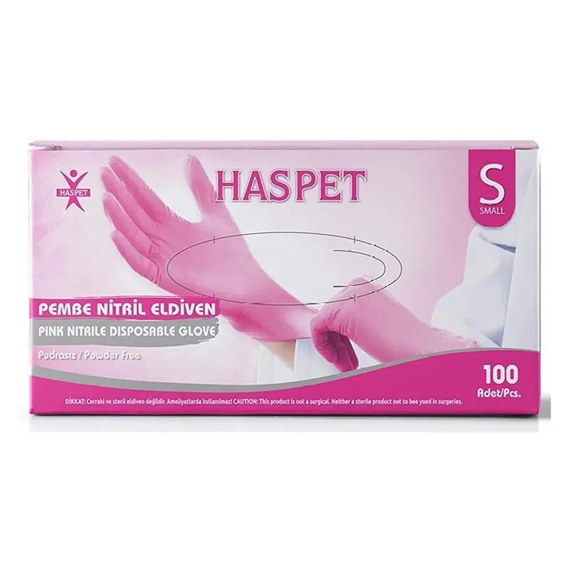 Pudrasız Pembe Nitril Eldiven Small HasPet 100lü