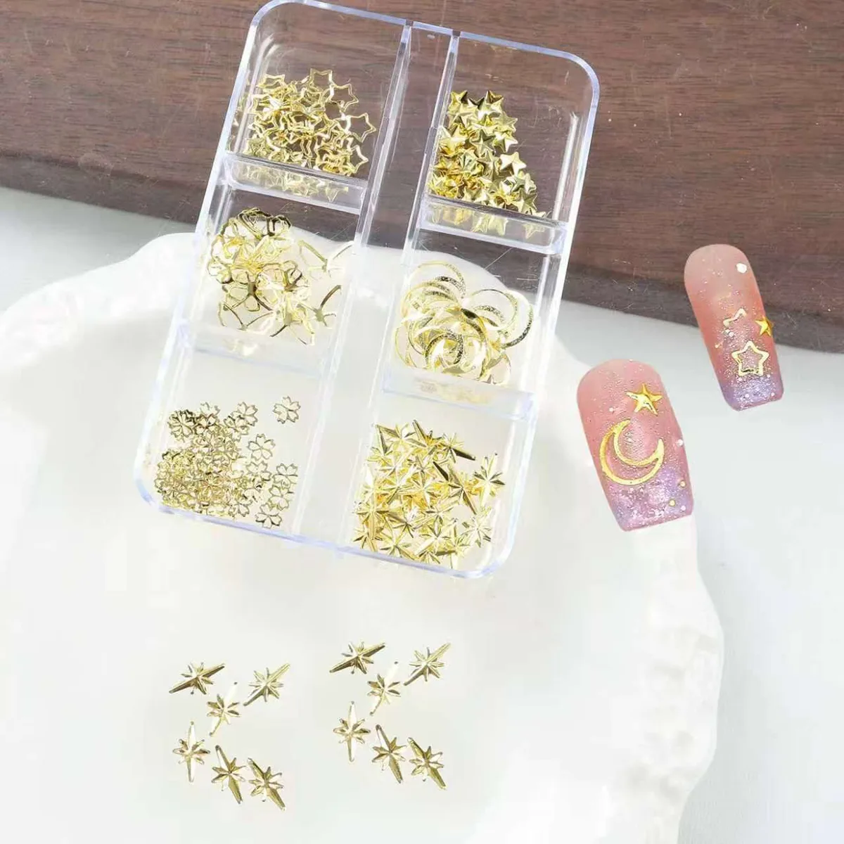Ay Yıldız ve Kelebek Dizayn 6 Grit Metal Tırnak Süsleme Charm Gold Nail Art Charm Taşları WN-530 görsel 2