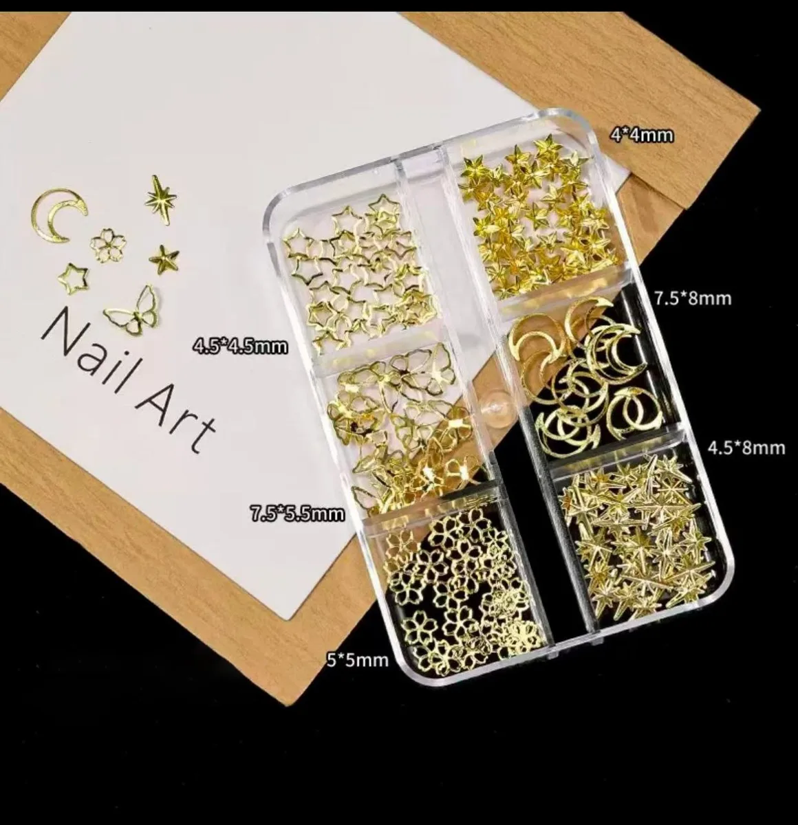 Ay Yıldız ve Kelebek Dizayn 6 Grit Metal Tırnak Süsleme Charm Gold Nail Art Charm Taşları WN-530 görsel 3