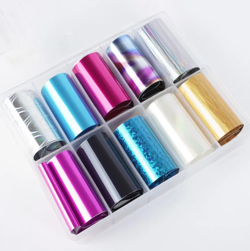 10lu Tırnak Süsleme Folyosu Parlak Düz Renk ve Holografik Nail Art Transfer Folyo WNF-260