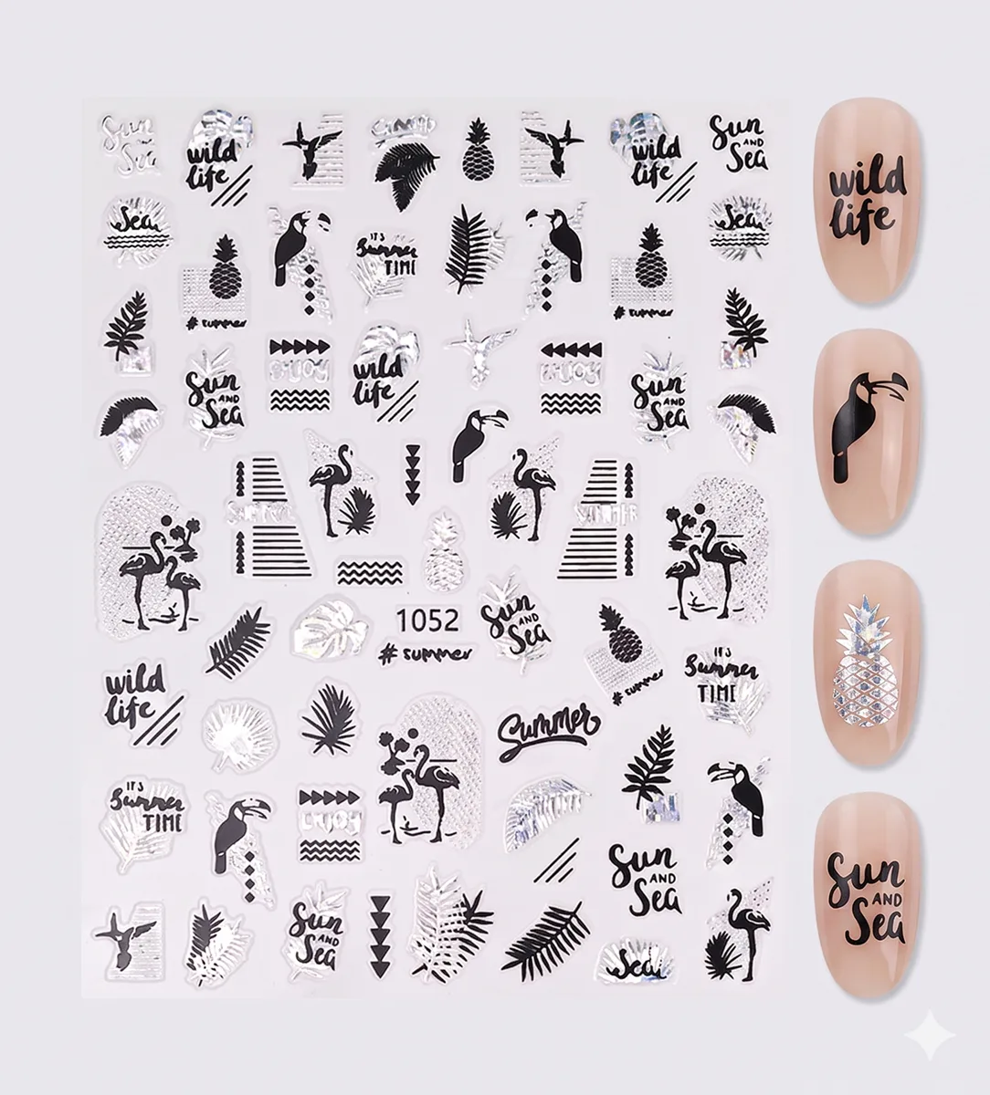 Gümüş Holografik Flamingo ve Yaprak Dizayn Tırnak Sticker Tırnak Etiketi Nail Art JO-1052S