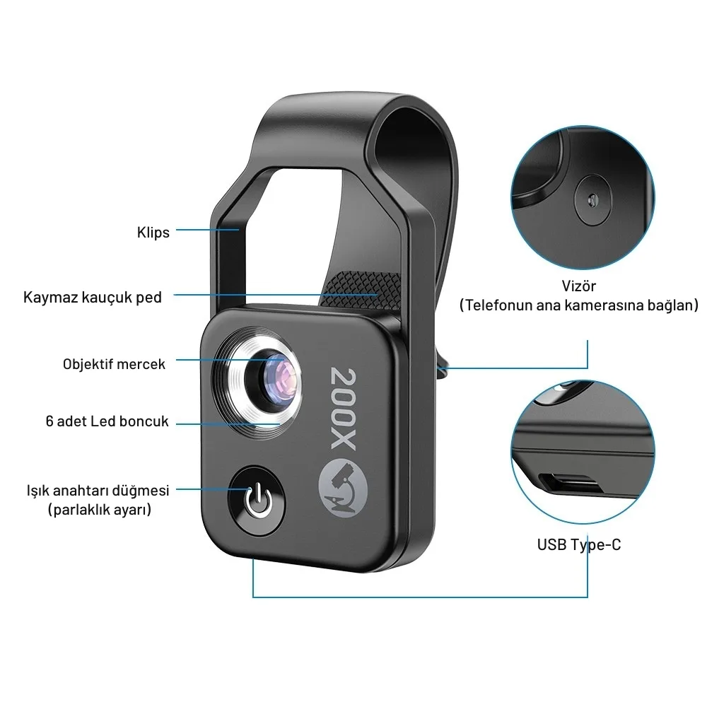Apexel 200x Büyütmeli Mobil Mikroskop Telefon Lensi LED Işıklı Portatif Tak Çalıştır Polarize Filtreli görsel 10