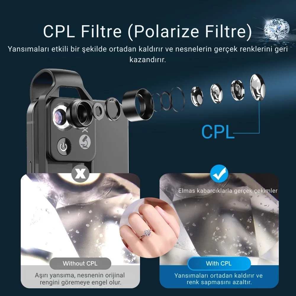 Apexel 200x Büyütmeli Mobil Mikroskop Telefon Lensi LED Işıklı Portatif Tak Çalıştır Polarize Filtreli görsel 5