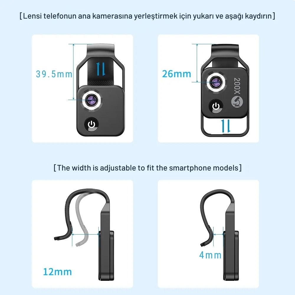 Apexel 200x Büyütmeli Mobil Mikroskop Telefon Lensi LED Işıklı Portatif Tak Çalıştır Polarize Filtreli görsel 8
