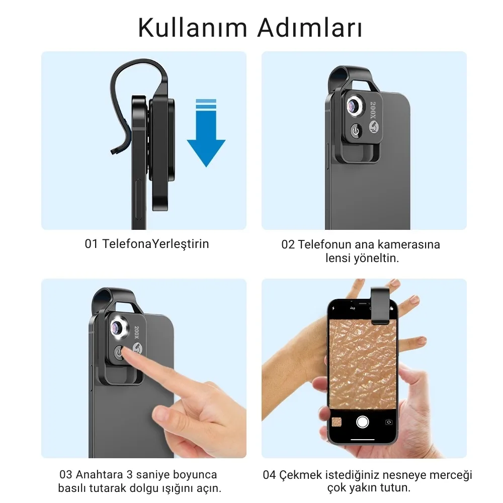 Apexel 200x Büyütmeli Mobil Mikroskop Telefon Lensi LED Işıklı Portatif Tak Çalıştır Polarize Filtreli görsel 9