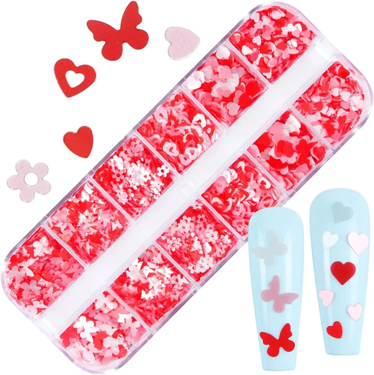 Kırmızı Tırnak Süsleme Folyo Pulları Karışık Dizayn Kelebek Kalp Çiçek Nail Art görsel 2