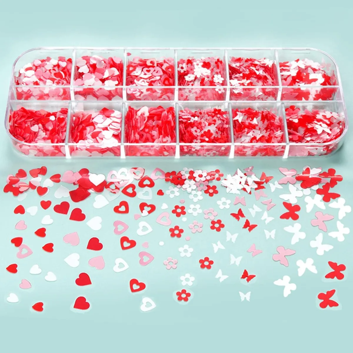 Kırmızı Tırnak Süsleme Folyo Pulları Karışık Dizayn Kelebek Kalp Çiçek Nail Art görsel 3