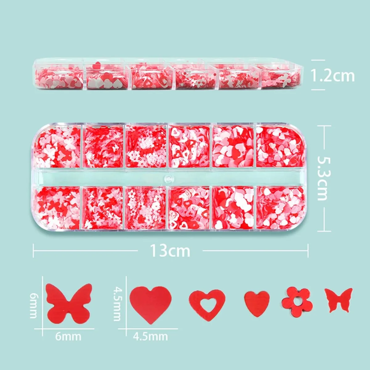 Kırmızı Tırnak Süsleme Folyo Pulları Karışık Dizayn Kelebek Kalp Çiçek Nail Art görsel 4