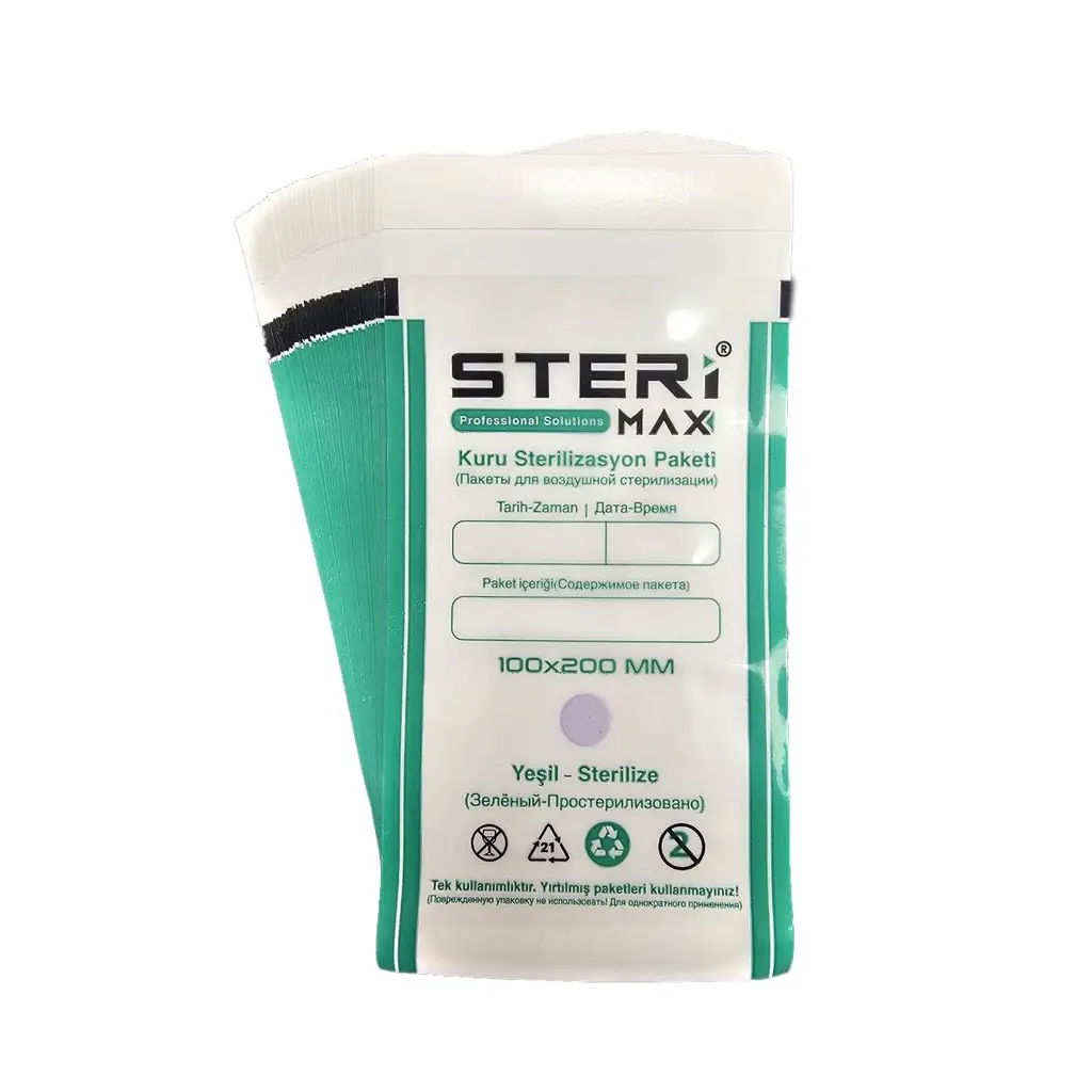 Şeffaf Kuru Hava Sterilizasyon Zarfı - İndikatörlü Sterilizasyon Kraft Paketi 100x200mm (100) Adet