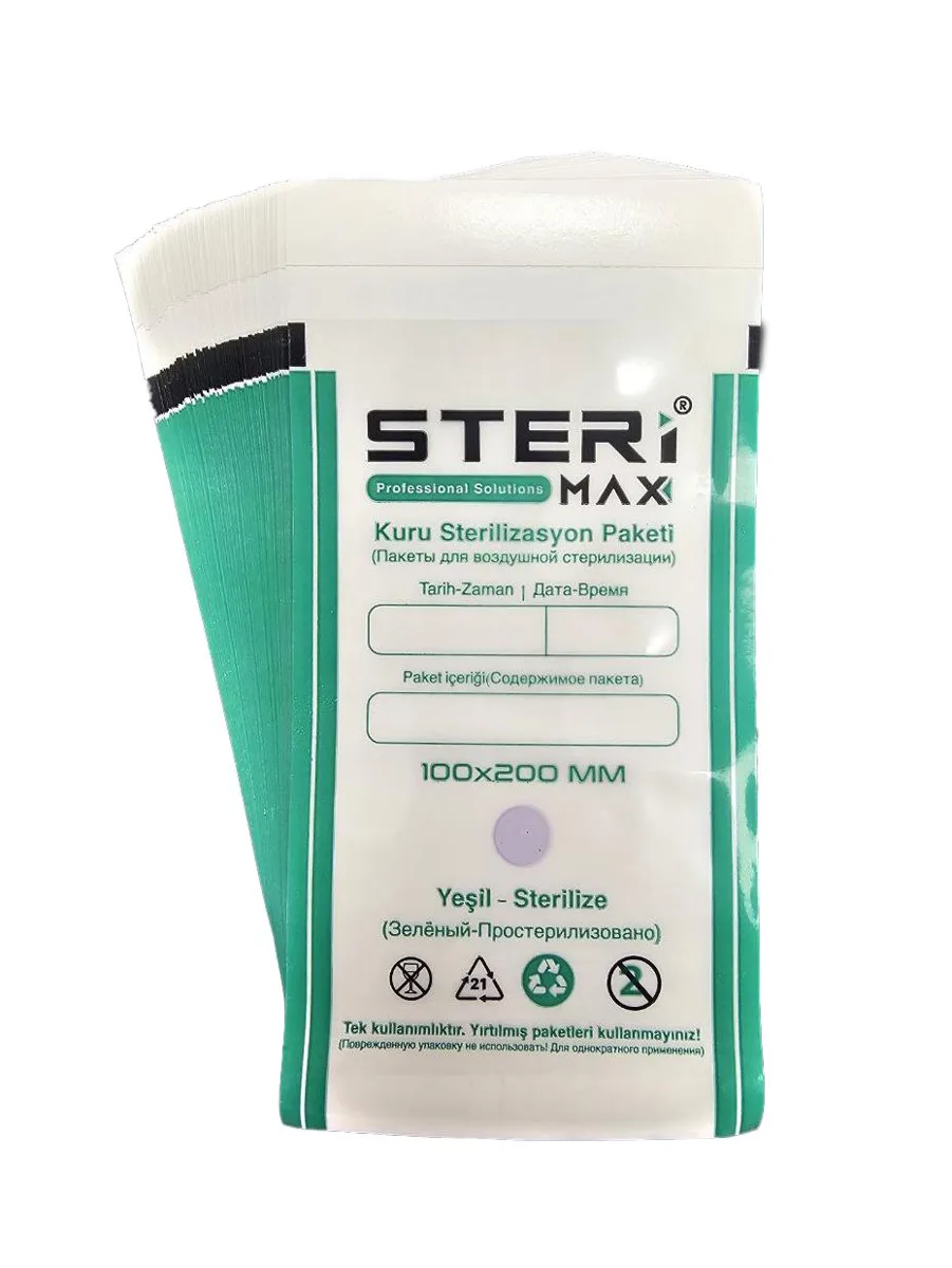 Şeffaf Kuru Hava Sterilizasyon Zarfı - İndikatörlü Sterilizasyon Kraft Paketi 100x200mm (100) Adet