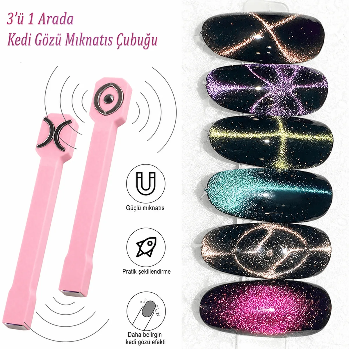 3’ü 1 Arada Dairesel Efektli Pembe Kedi Gözü Kalıcı Oje Mıknatısı Cat Eye Magnet WDCAT03 görsel 4