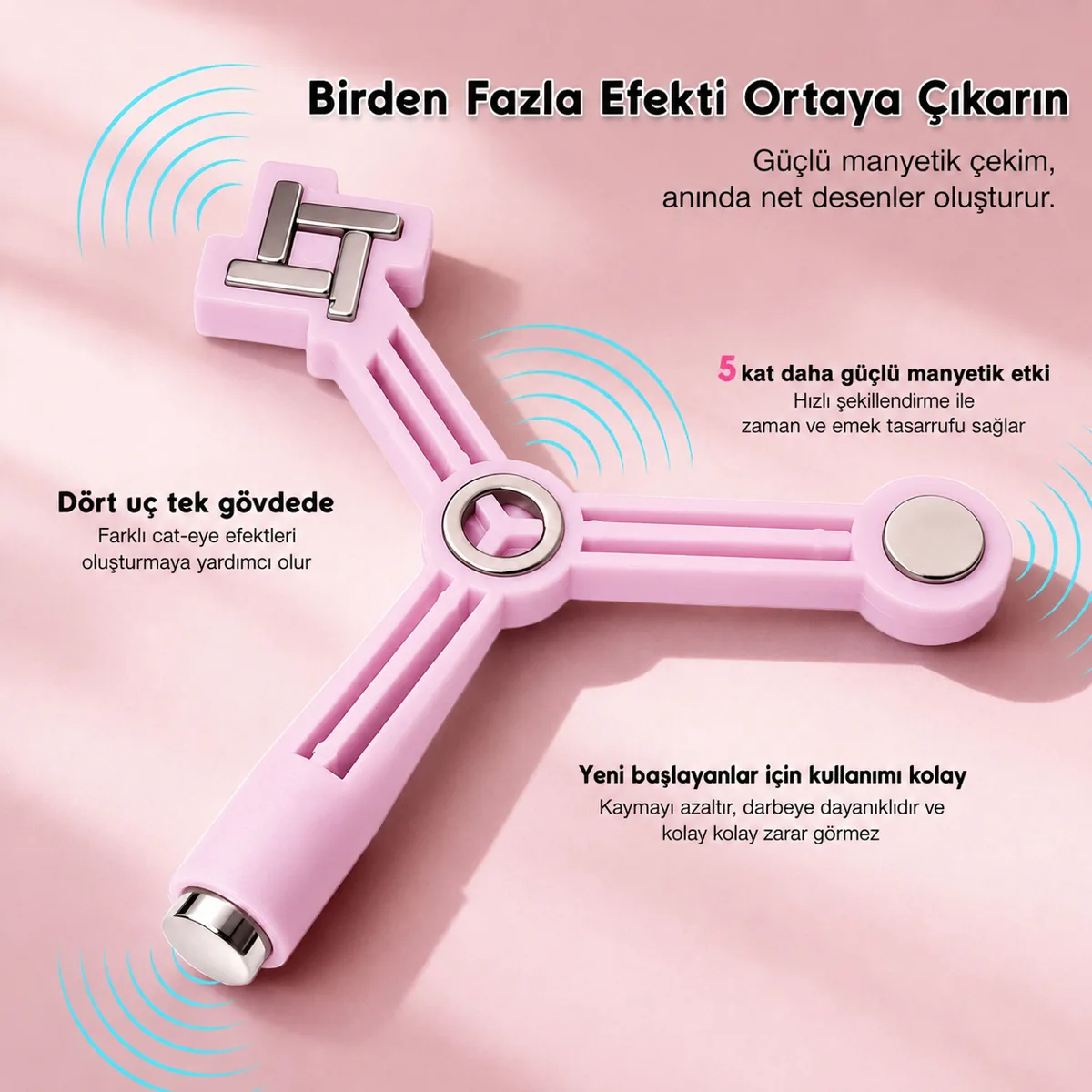 4'ü Bir Arada Dalga ve Çiçek Efekt Çok Fonksiyonlu Kedi Gözü Oje Mıknatısı Cat Eye Magnet Pembe 3KCAT01 görsel 2