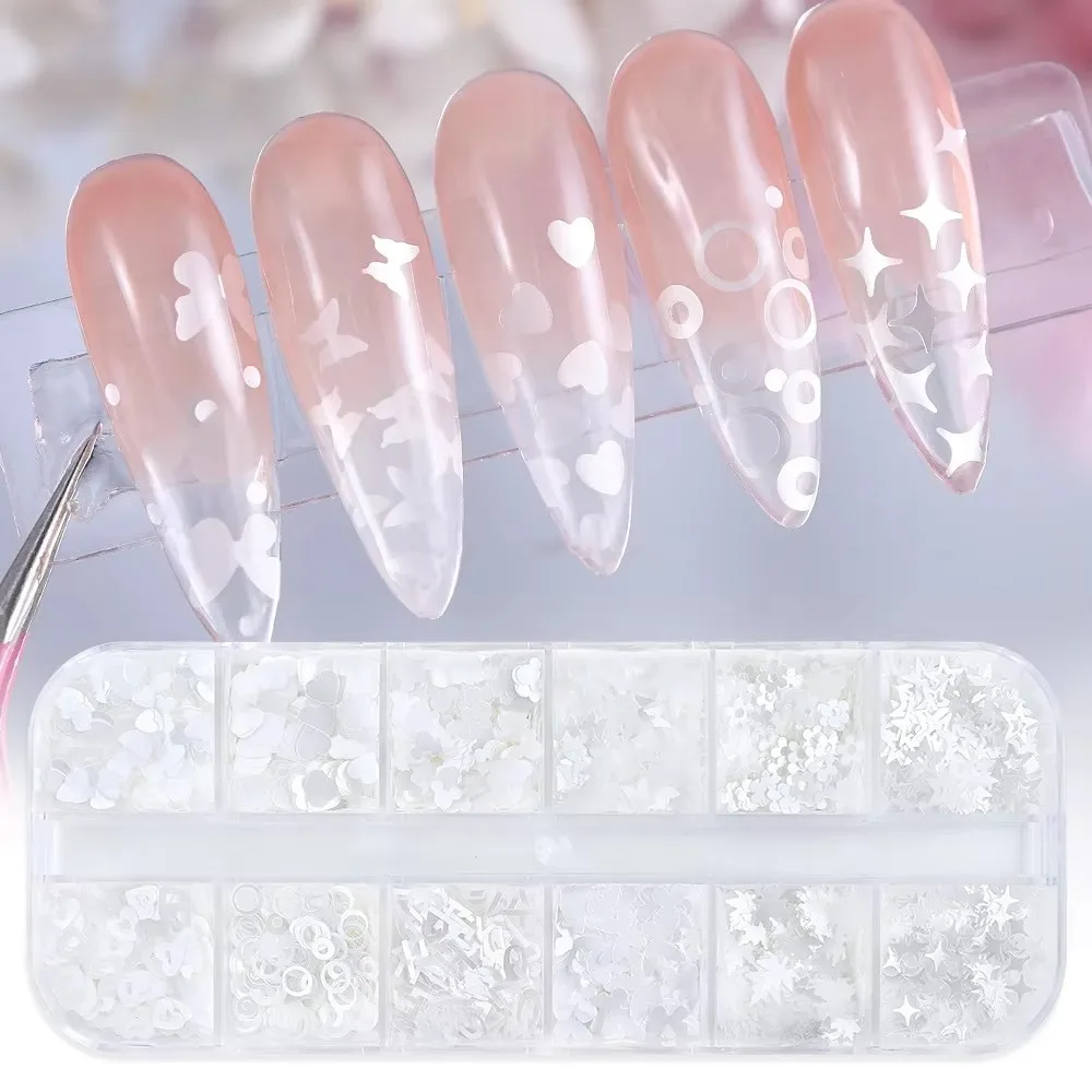 Parlak Beyaz Tırnak Süsleme Folyo Pulları Karışık Dizayn Kelebek Kalp Harfler Yıldızlar Nail Art