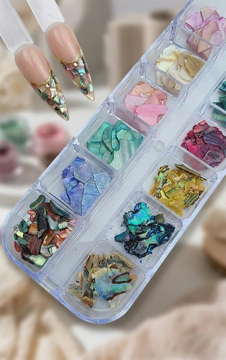 12li Sedefli İnce Deniz Kabuğu Tırnak Süsleme Charm Nail Art Charm Taşları WN-510