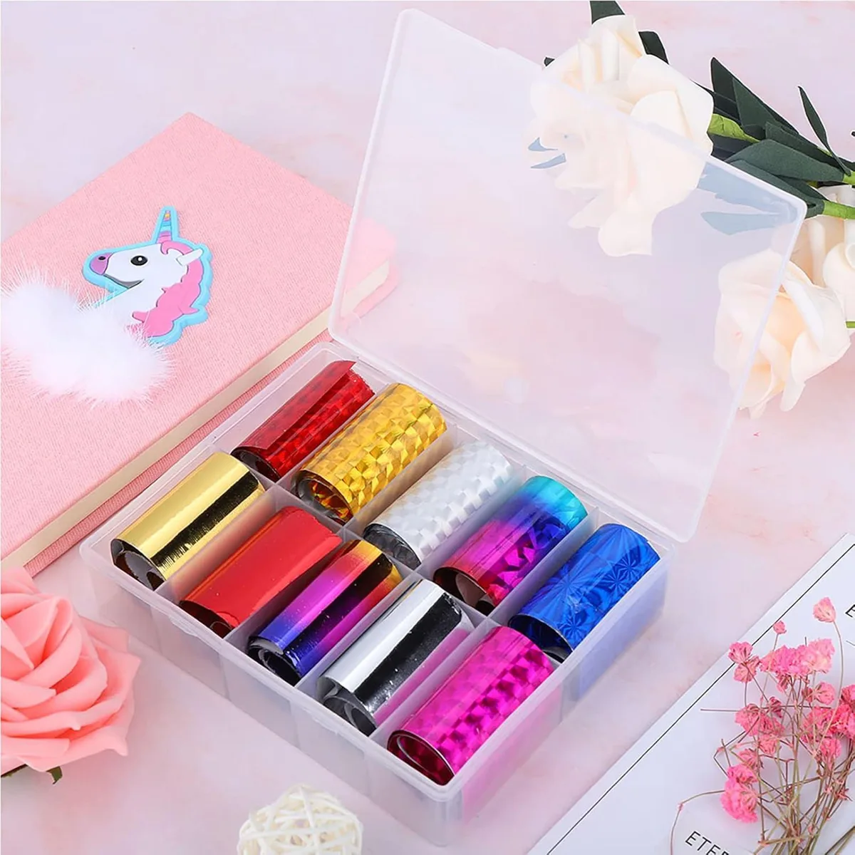 10lu Tırnak Süsleme Folyosu Parlak Holografik Dizayn Düz Renk Nail Art Transfer Folyo WNF-230