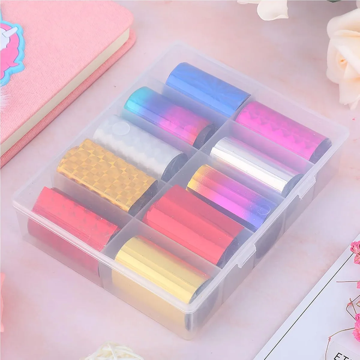 10lu Tırnak Süsleme Folyosu Parlak Holografik Dizayn Düz Renk Nail Art Transfer Folyo WNF-230 görsel 3