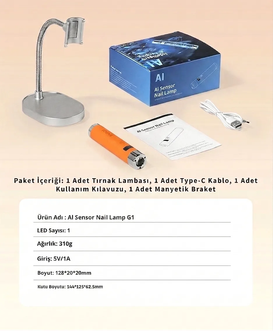 G1 Sensörlü Mini Ai Uv Led Lamba Manyetik Standlı Manikür Tırnak Kurutucu Turuncu 5w görsel 7