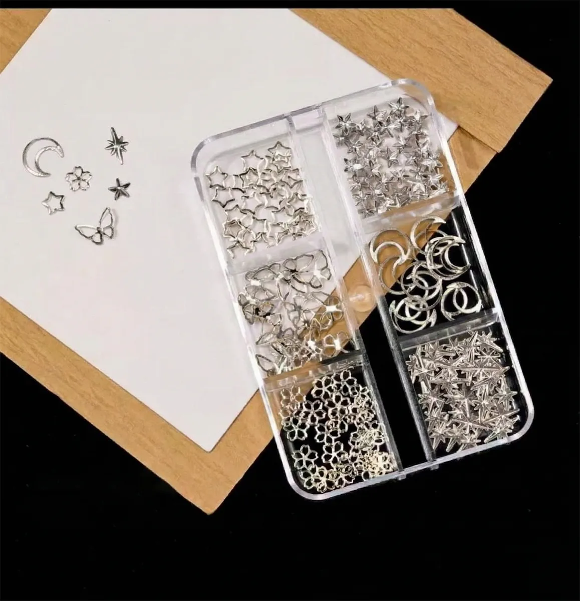 Ay Yıldız ve Kelebek Dizayn 6 Grit Metal Tırnak Süsleme Charm Silver Nail Art Charm Taşları WN-531