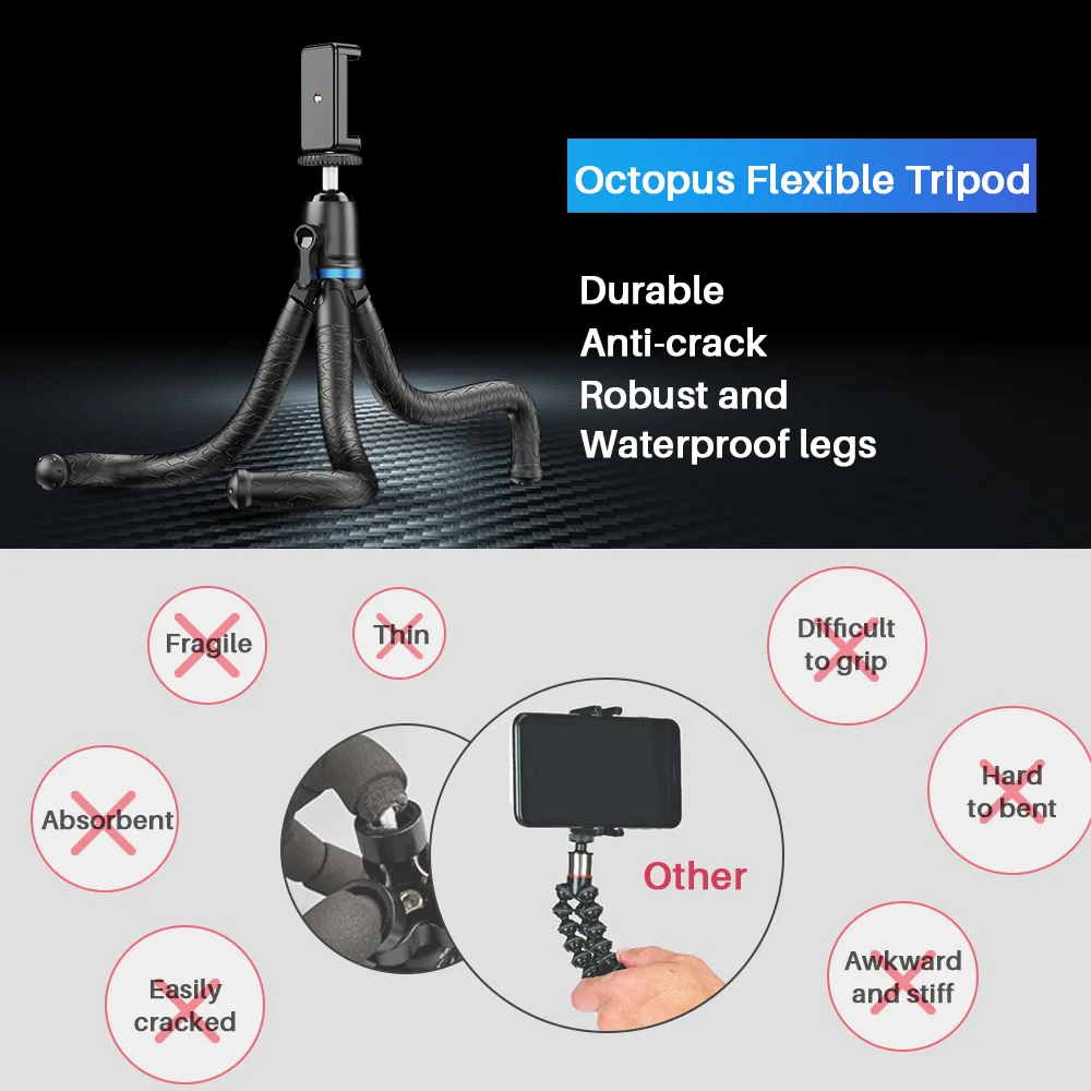 Apexel Profesyonel 30cm Esnek Ahtapot Tripod ve Vlog Kiti Telefon Tutucu Gopro Dslr Uyumlu APL-JJ10 görsel 6