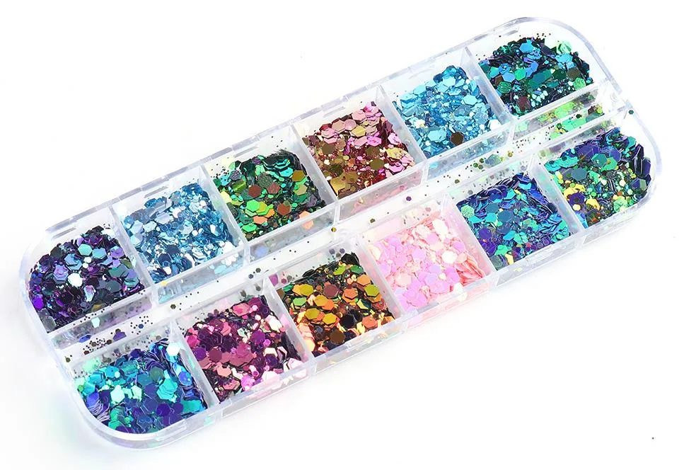 Parlak Tırnak Süsleme Pulları Renkli Altıgen 12'li set Nail Art 002