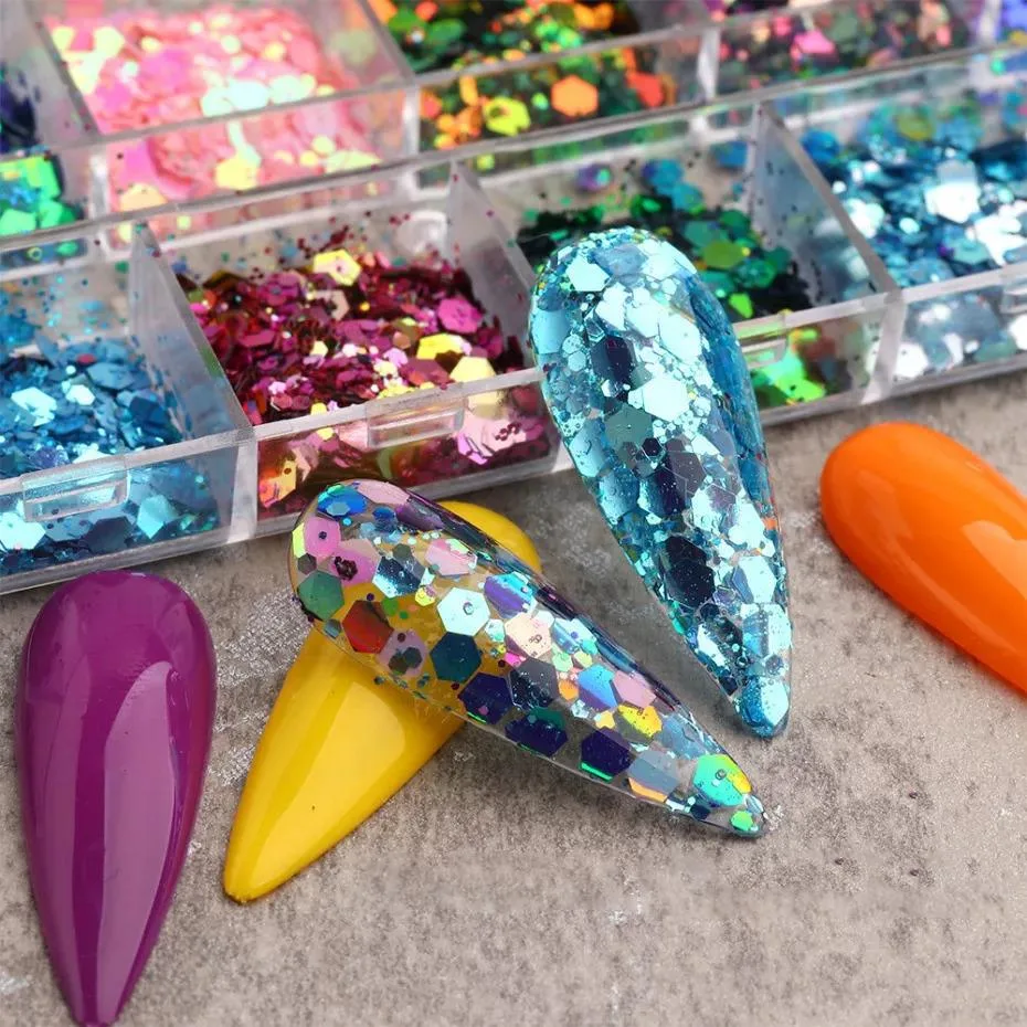Parlak Tırnak Süsleme Pulları Renkli Altıgen 12'li set Nail Art 002 görsel 2
