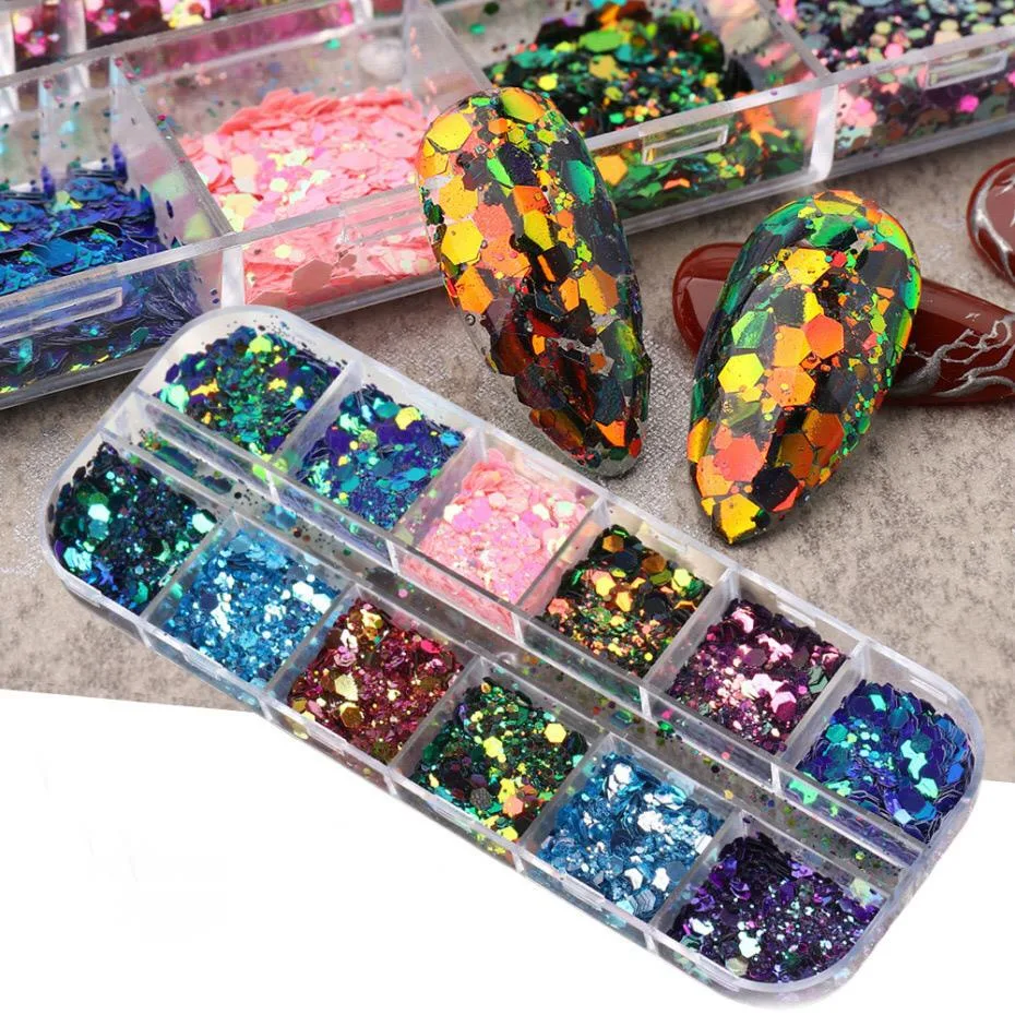 Parlak Tırnak Süsleme Pulları Renkli Altıgen 12'li set Nail Art 002 görsel 4