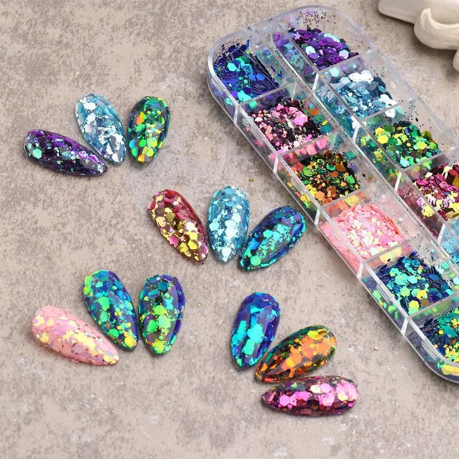 Parlak Tırnak Süsleme Pulları Renkli Altıgen 12'li set Nail Art 002 görsel 5