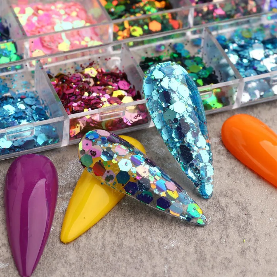 Parlak Tırnak Süsleme Pulları Renkli Altıgen 12'li set Nail Art 002 görsel 6