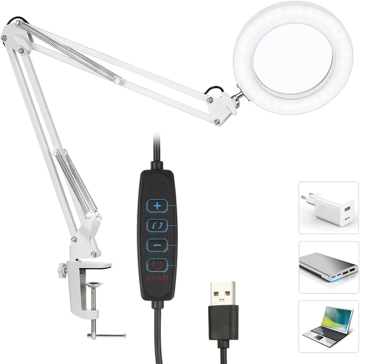 Akrobat Hareketli 8X Büyüteçli Led Işıklı Masa Çalışma Lambası - Mengeneli (Beyaz)