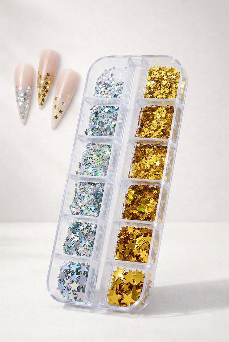 12li Gümüş ve Gold Renk Yıldız Tırnak Süsleme Yıldız Dizayn Folyo Pulları Nail Art WN-113