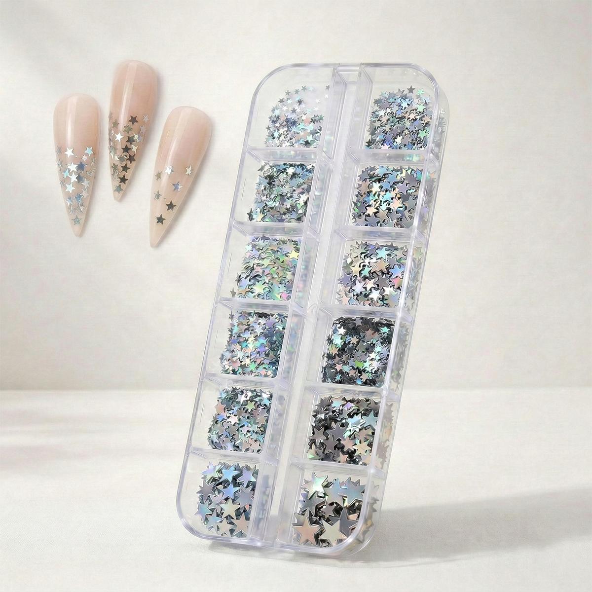 12li Holografik Gümüş Renk Yıldız Tırnak Süsleme Yıldız Dizayn Folyo Pulları Nail Art WN-114
