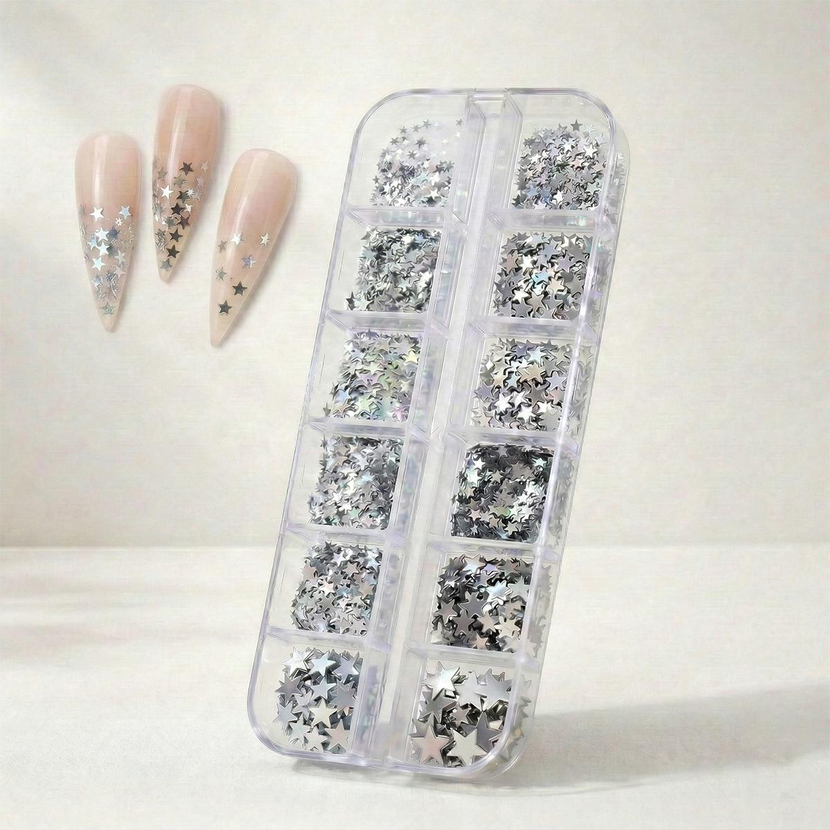 12li Gümüş Renk Tırnak Süsleme Yıldız Dizayn Folyo Pulları Nail Art WN-115