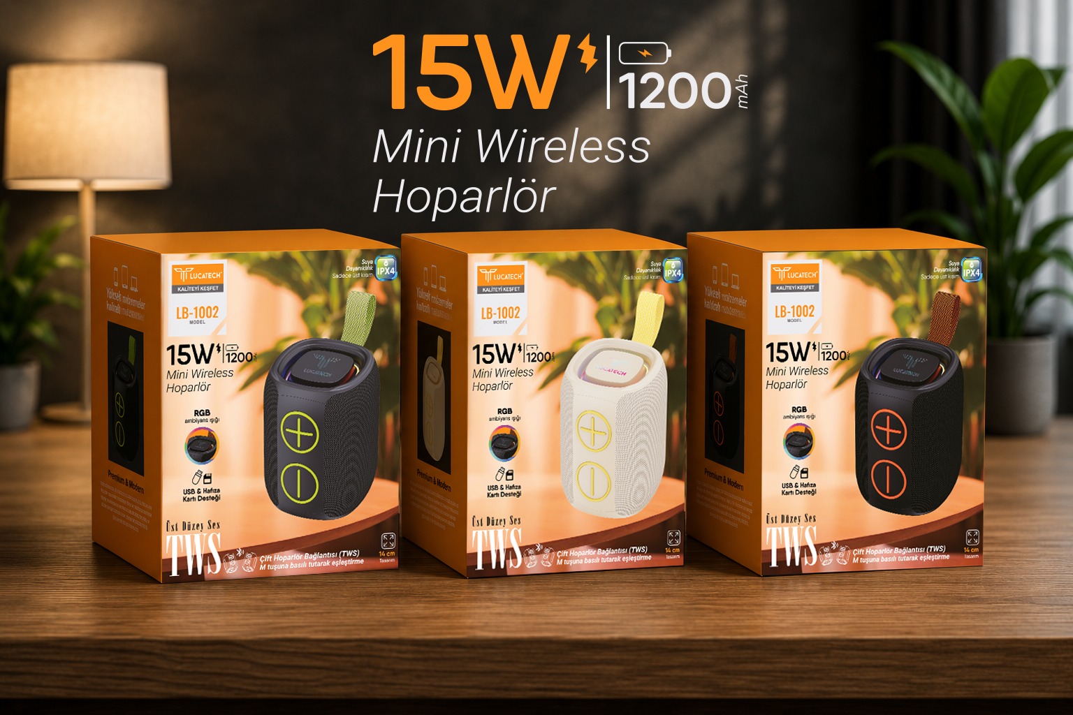 Lucatech LB-1002 15W 1200 MAH Taşınabilir RGB Işıklı Wireless Hoparlör