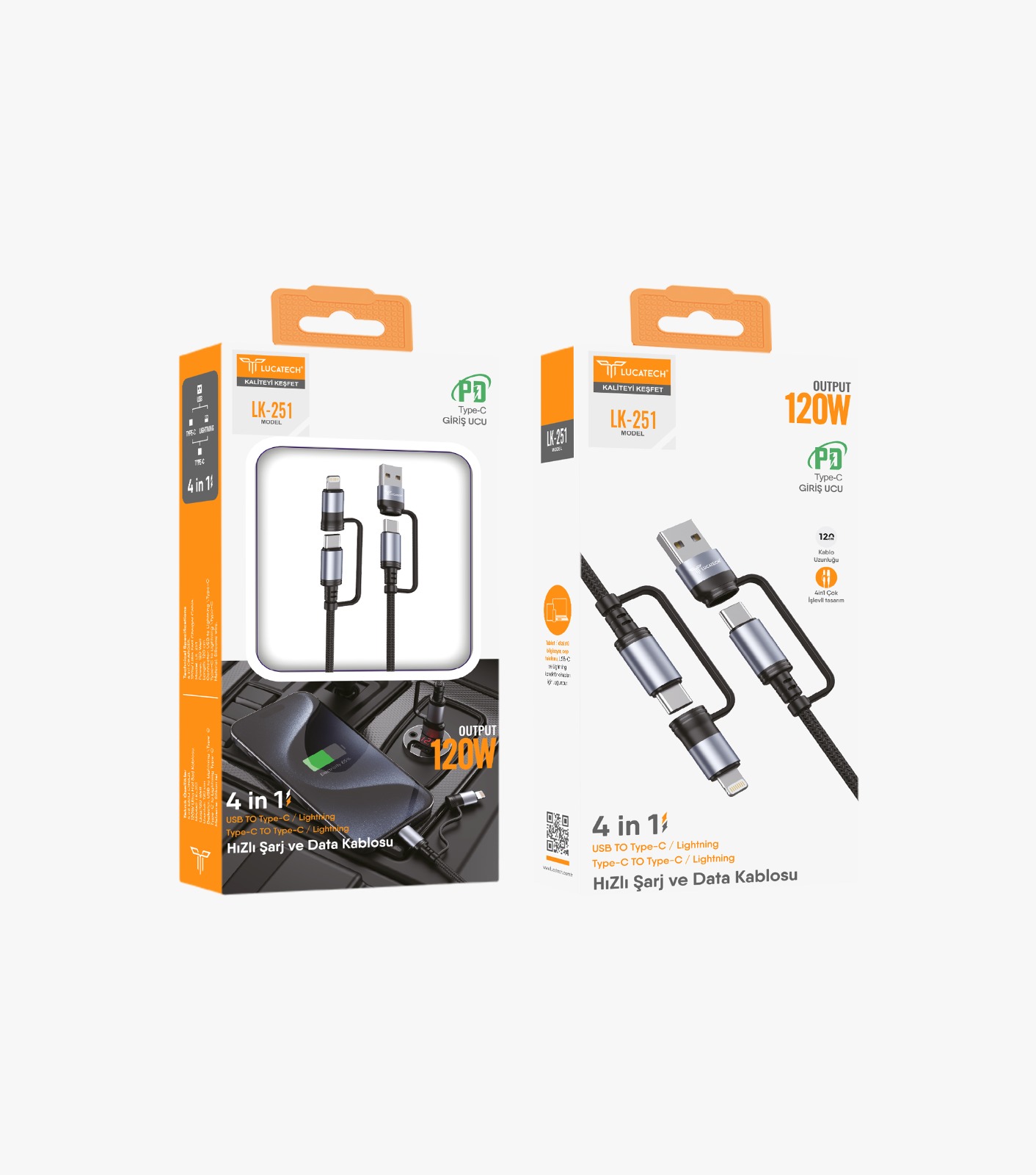 Lucatech LK-251 PD 4n1, 120W 1mt Lightning Şarj Kablosu