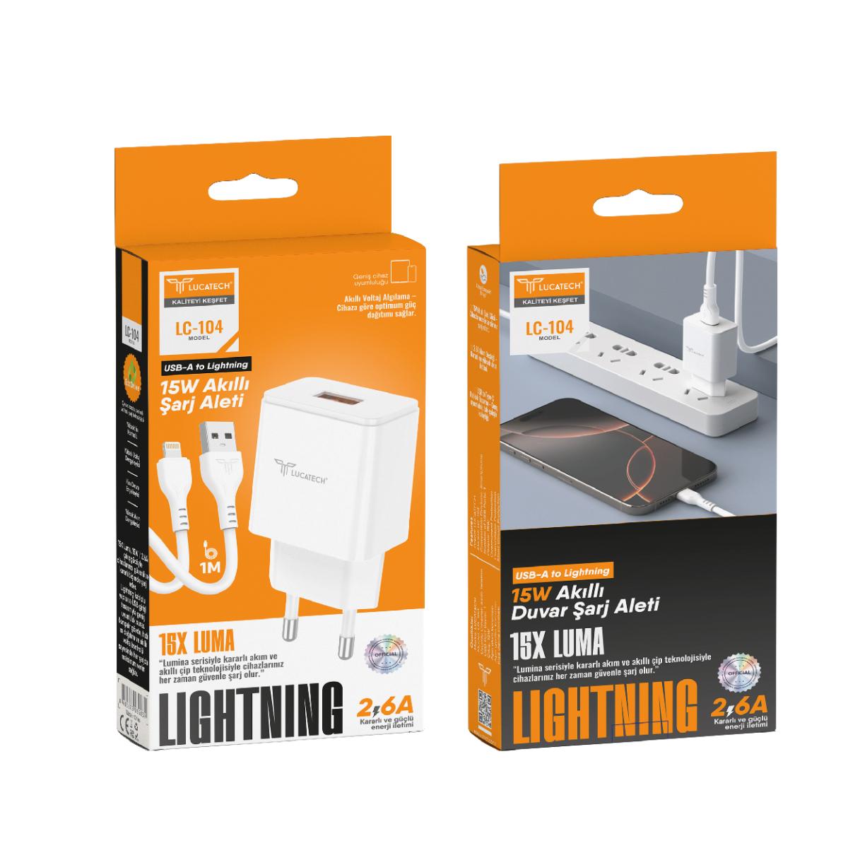 Lucatech LC-104 15W, 2.6A , Lightning Kablolu Şarj Cihazı