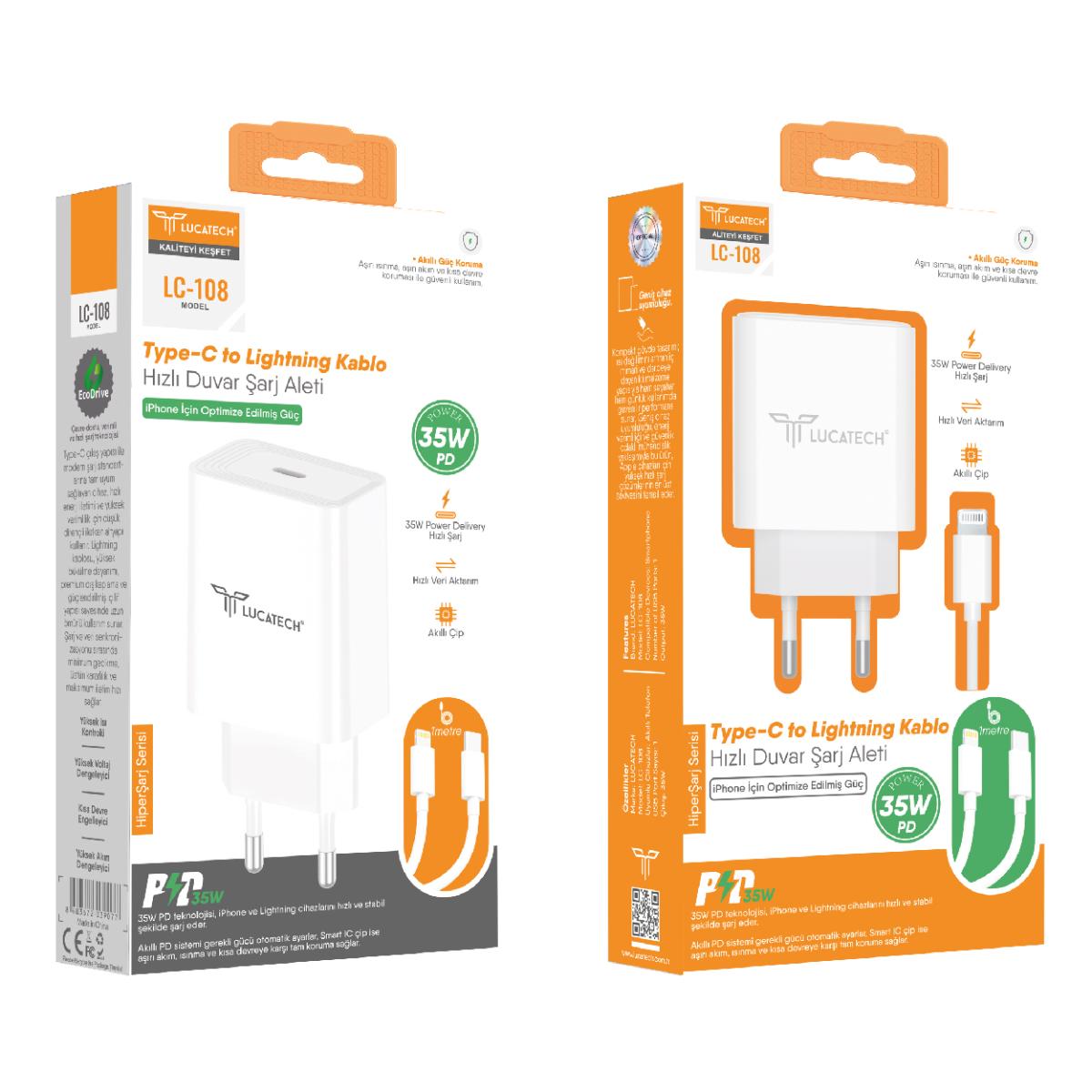 Lucatech LC-108 35W 1mt Lightning Kablolu PD Şarj Cihazı