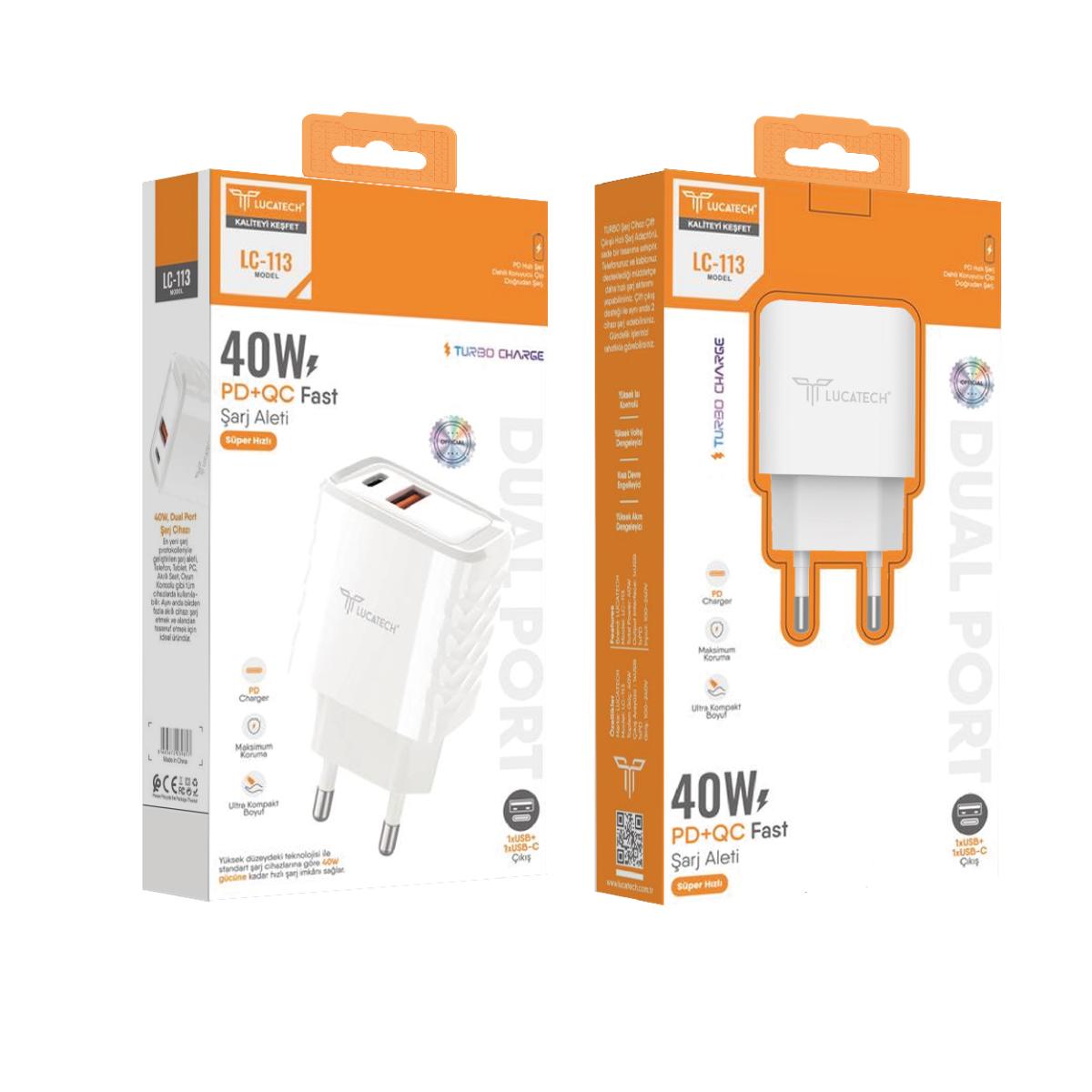 Lucatech LC-113 40W, PD+QC Turbo Şarj Cihazı Başlığı TURBO HIZLI ŞARJ