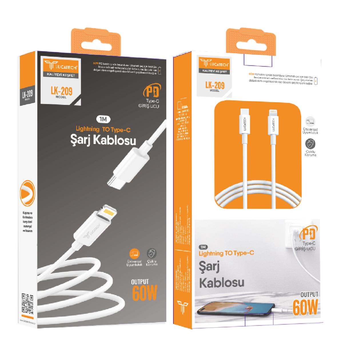 Model: LK-209 | PD 3A, 60W, 1mt Lightning Şarj Kablosu