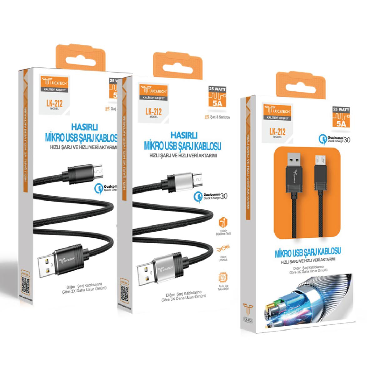 Lucatech LK-212 5A, 25W 1mt MİCRO Örgü USB Şarj Kablosu