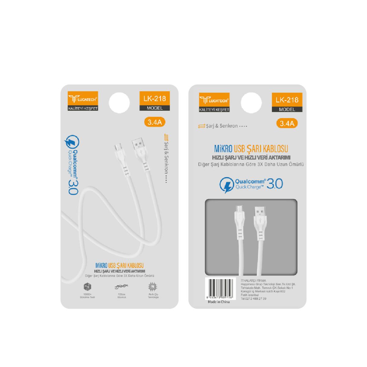 Lucatech LK-218 3.4A, 20W 1mt Micro USB USB Şarj Kablosu