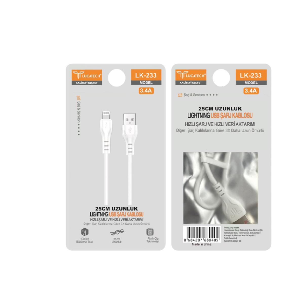 Lucatech LK-233 3.4A, 20W 25cm Lightning USB Şarj Kablosu