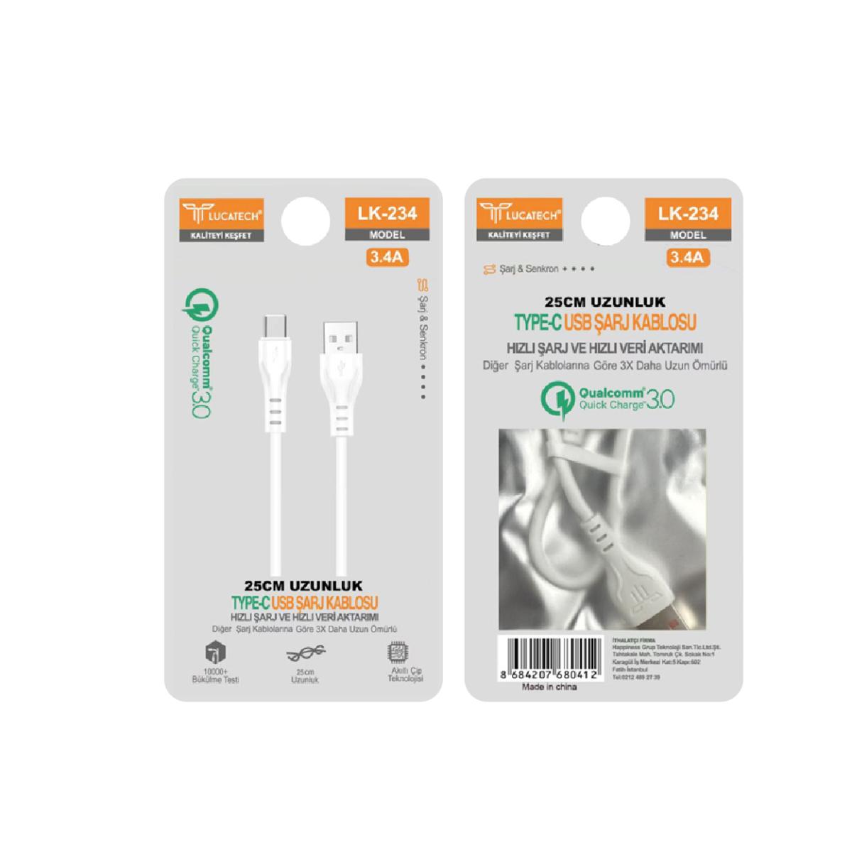 Lucatech LK-234 3.4A, 20W 25cm Type-C USB Şarj Kablosu